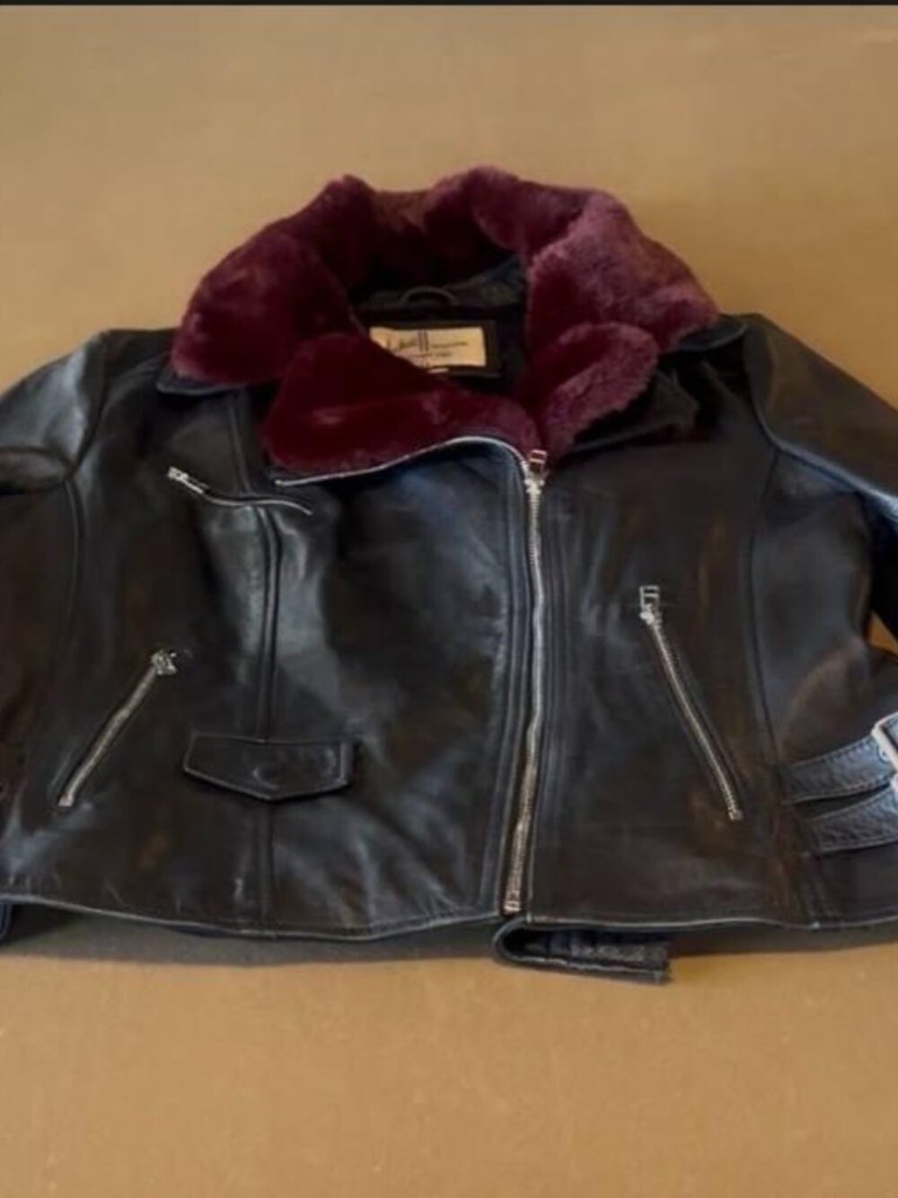 Wilsons Leather Black Moto Biker Jacket with Removable Wine Faux Fur Collar